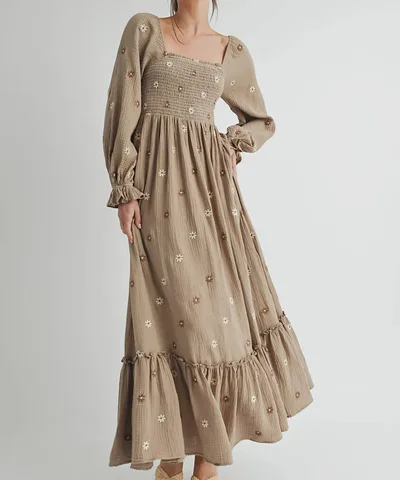 Bump City The Amber Embroidered Smock Long Maxi Dress (Grey Taupe)