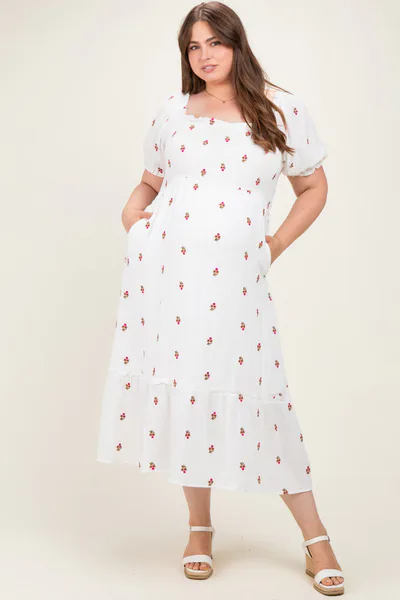 PinkBlush Ivory Embroidered Smocked Plus Maternity Midi Dress