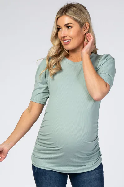 PinkBlush Mint Ribbed Ruched Fitted Maternity Top