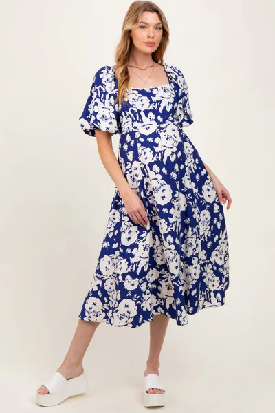 PinkBlush Navy Floral Scallop Trim Puff Sleeve Maternity Midi Dress