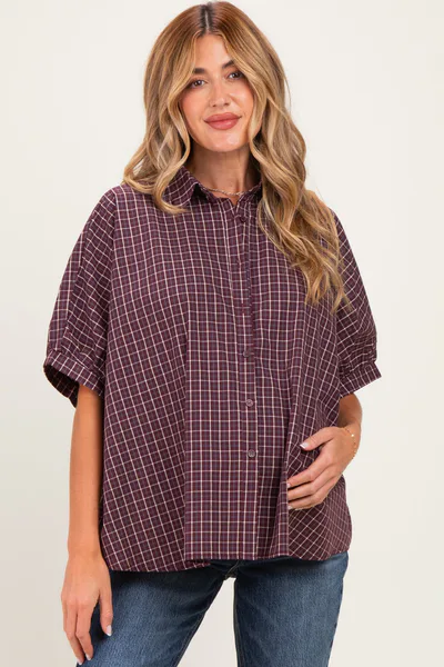 PinkBlush Merlot Oversized Check Plaid Maternity Button Down Shirt