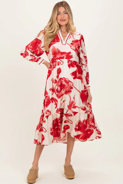 PinkBlush Cream/Red Big Floral Print Maternity Midi Dress