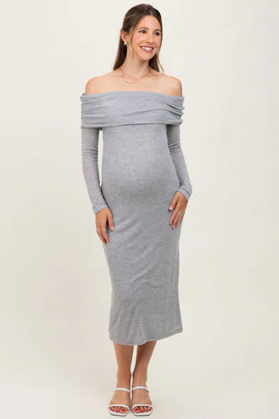 PinkBlush Heather Grey Off Shoulder Long Sleeve Maternity Maxi Dress