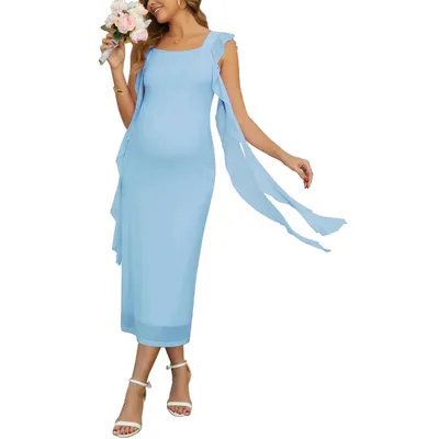 Target INSPIRE CHIC Women's Maternity Dress Mesh Wedding Guest Sleeveless Flowy Ruffle Cocktail Party Midi Photoshoot Dresses Large Blue