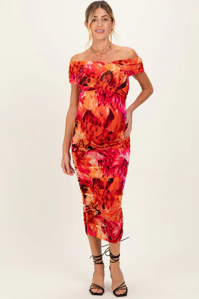 PinkBlush Orange Printed Off Shoulder Ruched Maternity Midi Dress