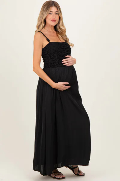 PinkBlush Black Textured Smocked Maternity Maxi Dress