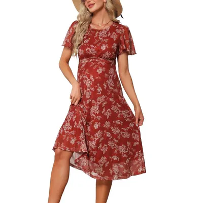 Target INSPIRE CHIC Women's Maternity Flowy Floral Dress Midi Photoshoot Formal Casual Pregnancy Dress 2026 Summer Large Brown Dress & White Flower
