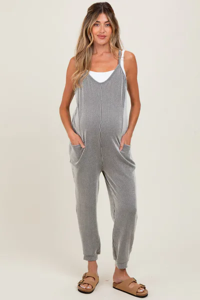 PinkBlush Charcoal Ribbed Sleeveless Maternity Jumpsuit