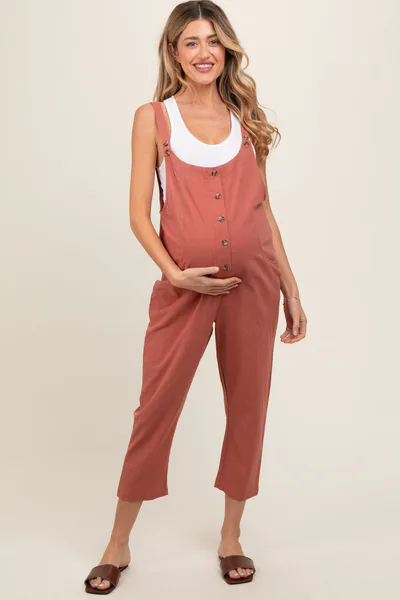 PinkBlush Mauve Button Down Maternity Cropped Jumpsuit