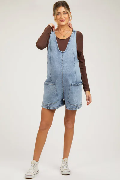 PinkBlush Light Blue Denim Scoop Neck Maternity Short Overall