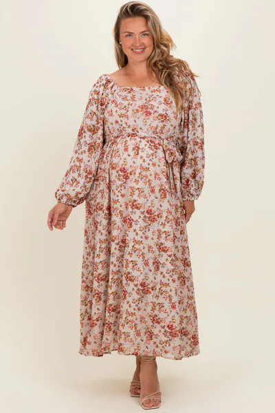 PinkBlush Cream Floral Square Neck Front Tie Maternity Plus Midi Dress
