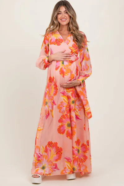 PinkBlush Peach Floral Chiffon Sash Tie Maternity Wrap Maxi Dress