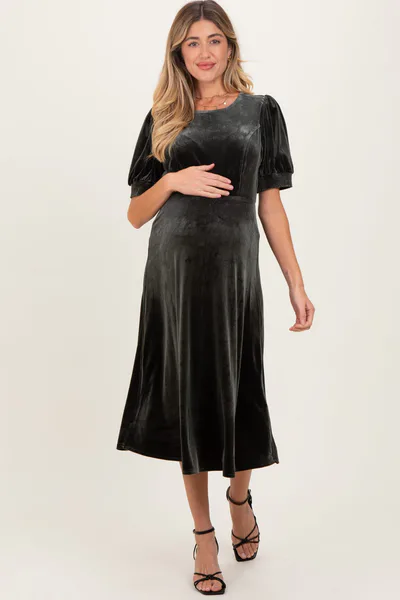 PinkBlush Olive Velvet Short Sleeve Maternity Midi Dress
