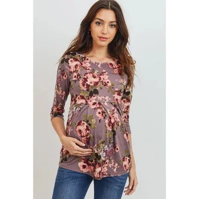 Target Hello Miz Women's Round Neck 3/4 Sleeve Front Pleat Maternity Top - Mauve Floral - Medium
