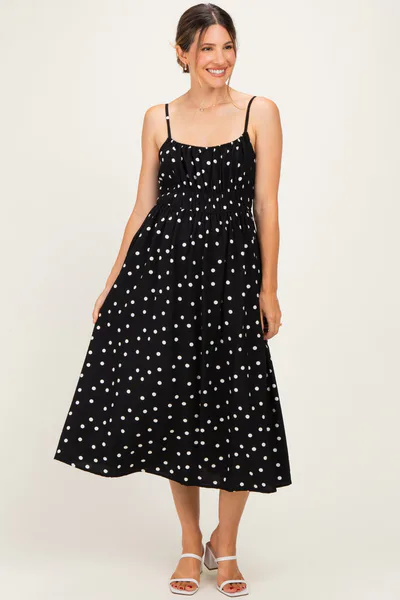 PinkBlush Black Polka Dot Shirred Waist Maternity Midi Dress