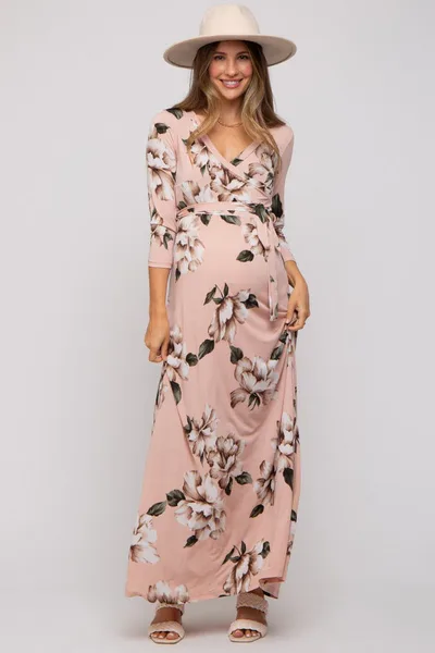 PinkBlush Light Pink Floral Wrap Maternity Maxi Dress
