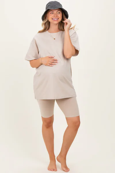 PinkBlush Sand Beige Biker Shorts Maternity Set