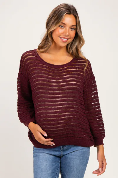 PinkBlush Burgundy Open Knit Striped Maternity Sweater Top