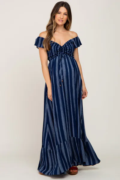 PinkBlush Navy Blue Striped Off Shoulder Front Tie Maternity Maxi Dress