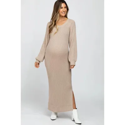 Target PinkBlush Beige Side Slit Maternity Maxi Sweater Dress Beige Small