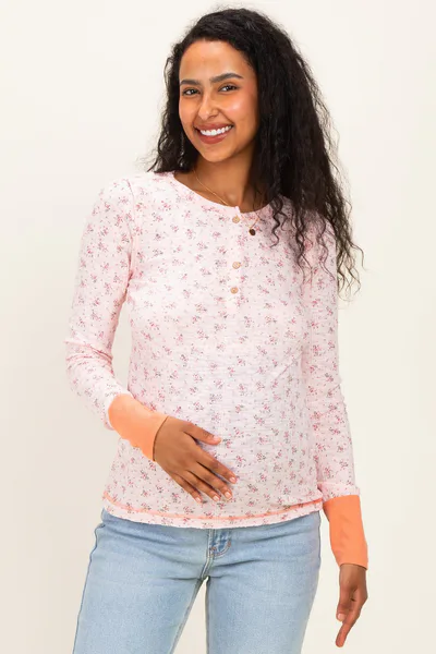 PinkBlush Soft Pink Floral Ribbed Maternity Henley Top