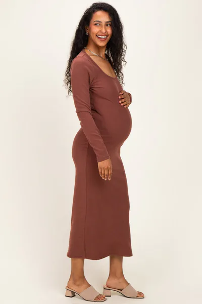 PinkBlush Brown Scoop Neck Long Sleeve Maternity Midi Dress