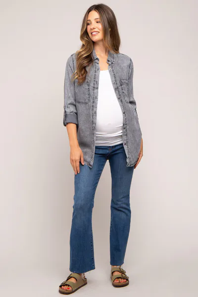 PinkBlush Charcoal Chambray Maternity Rolled Cuff Shirt