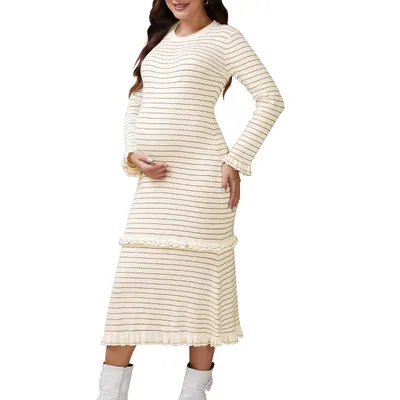 Target INSPIRE CHIC Women's Maternity Sweater Dress Stripped Ruffle Winter Warm Stretchy Knit Long Sleeve Maxi Dresses Medium Beige