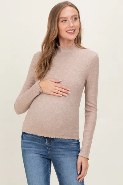 PinkBlush Mocha Lettuce Edge Mock Neck Long Sleeve Rib Maternity Top
