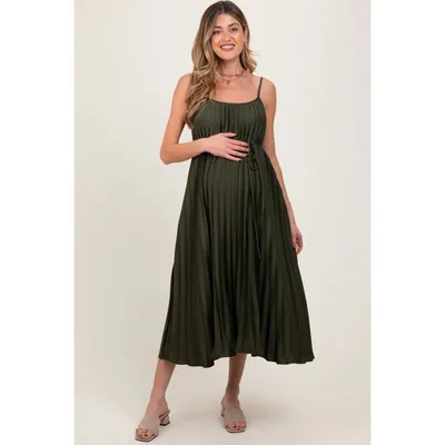 Target Pinkblush Olive Pleated Sash Tie Maternity Midi Dress Medium