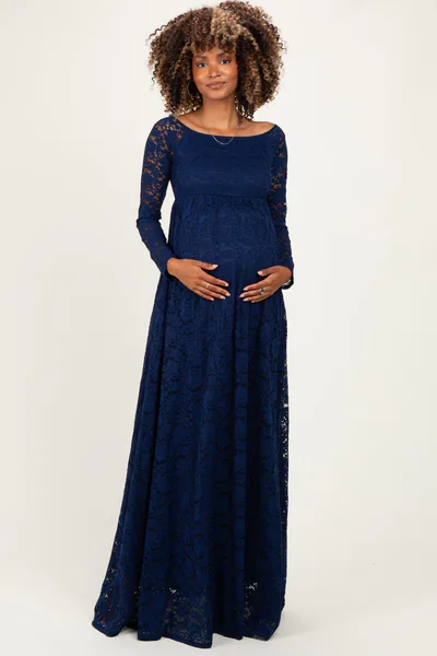 PinkBlush Navy Floral Lace Long Sleeve Off Shoulder Maternity Maxi Dress