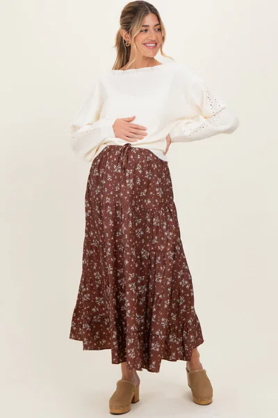 PinkBlush Brown Floral Tiered Maternity Maxi Skirt