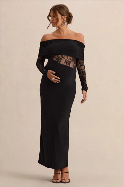 Club L London Artemisia | Black Bardot-Neck Maternity Maxi Dress With Lace Detailing