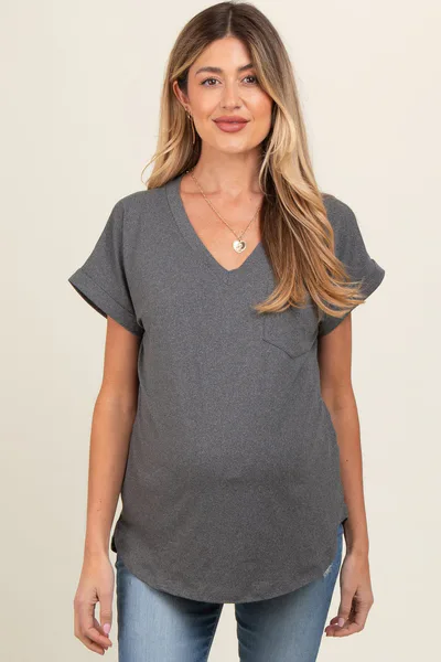 PinkBlush Charcoal V-Neck Pocket Short Sleeve Maternity Shirt