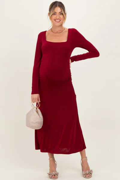 PinkBlush Burgundy Square Neck Long Sleeve Ruched Maternity Midi Dress