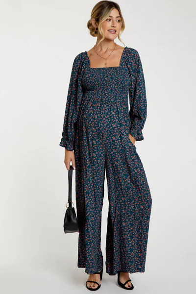 PinkBlush Dark Teal Floral Smocked Wide Leg Maternity Jumpsuit