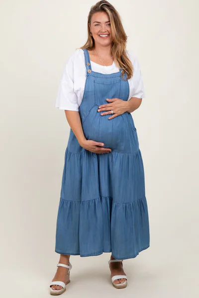 PinkBlush Blue Chambray Overall Tiered Maternity Plus Midi Dress
