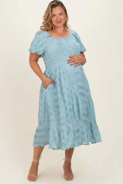 PinkBlush Dusty Blue Textured Woven Maternity Plus Maxi Dress