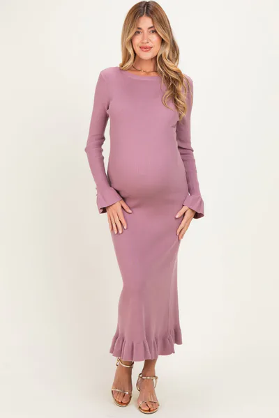 PinkBlush Mauve Ribbed Knit Bow Back Maternity Maxi Dress