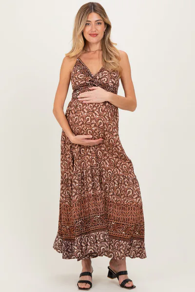 PinkBlush Rust Printed Twisted Front Maternity Maxi Dress