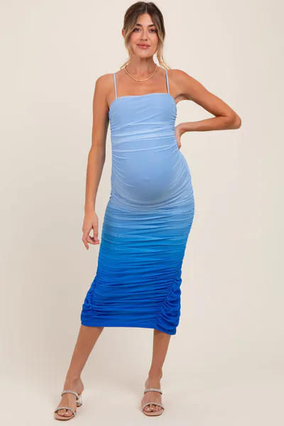 PinkBlush Blue Mesh Ombre Ruched Maternity Midi Dress