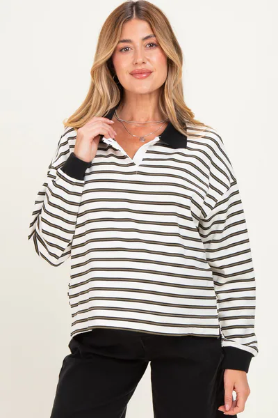 PinkBlush Ivory Striped Long Sleeve Polo Maternity Top
