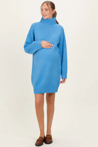 PinkBlush Blue Mock Neck Long Sleeve Maternity Sweater Dress