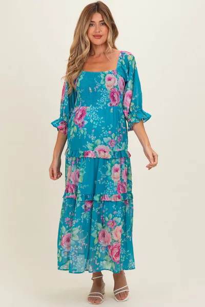PinkBlush Blue Floral Smocked Chiffon Tiered Maternity Maxi Dress