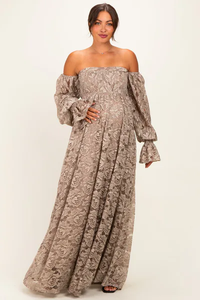 PinkBlush Mocha Lace Off Shoulder Long Sleeve Maternity Maxi Dress