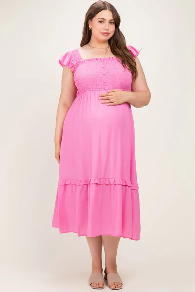 PinkBlush Pink Button Accent Smocked Maternity Plus Midi Dress
