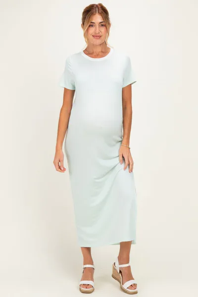 PinkBlush Ivory/ Mint Striped Short Sleeve Maternity Maxi Dress