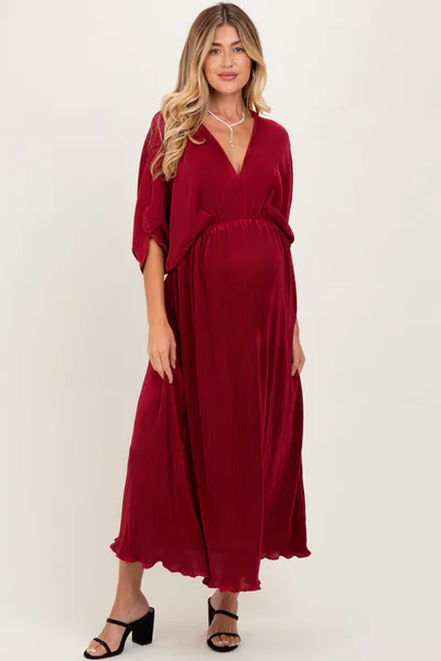 PinkBlush Burgundy Pleated Satin Dolman Sleeve Maternity Maxi Dress