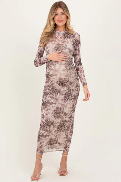 PinkBlush Cream Animal Print Mesh Overlay Maternity Maxi Dress
