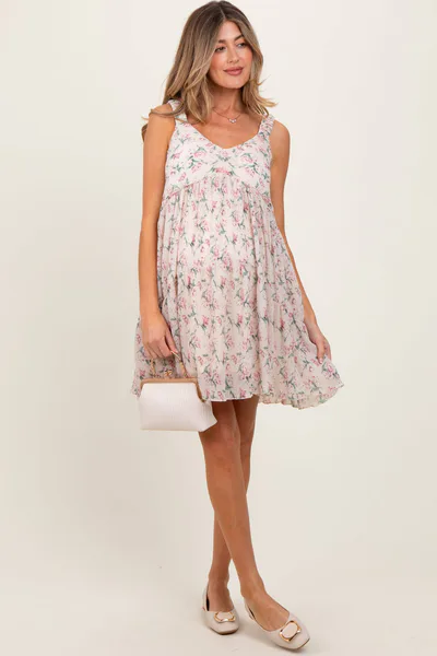 PinkBlush Pink Floral Plisse Texture Maternity Mini Dress